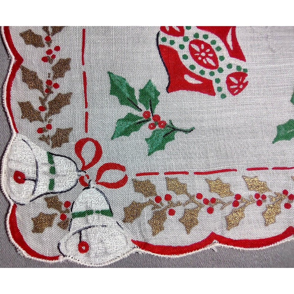 VTG Burmel 14.5 x 14.75 Metallic Gold Holly Bells & Ornaments Hankie Scalloped - Picture 6 of 7
